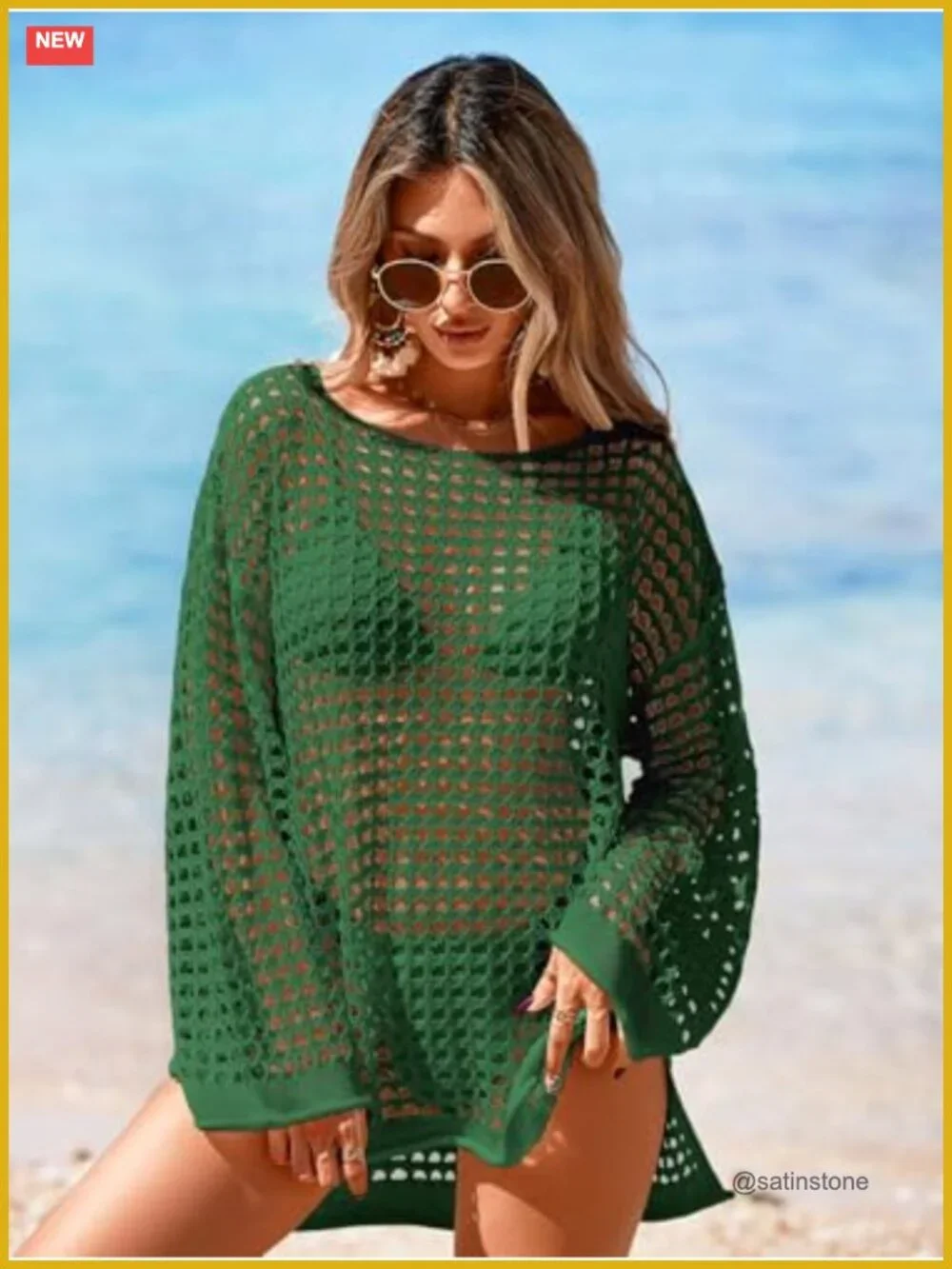 Oversized Crochet Mesh Swimsuit Cover Up Mini Dress Long Sleeve Beach